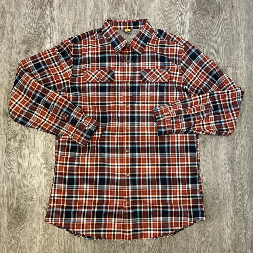 Eddie Bauer Shirt Mens TL Red Blue Plaid Travex Hiking Performance Tech Button